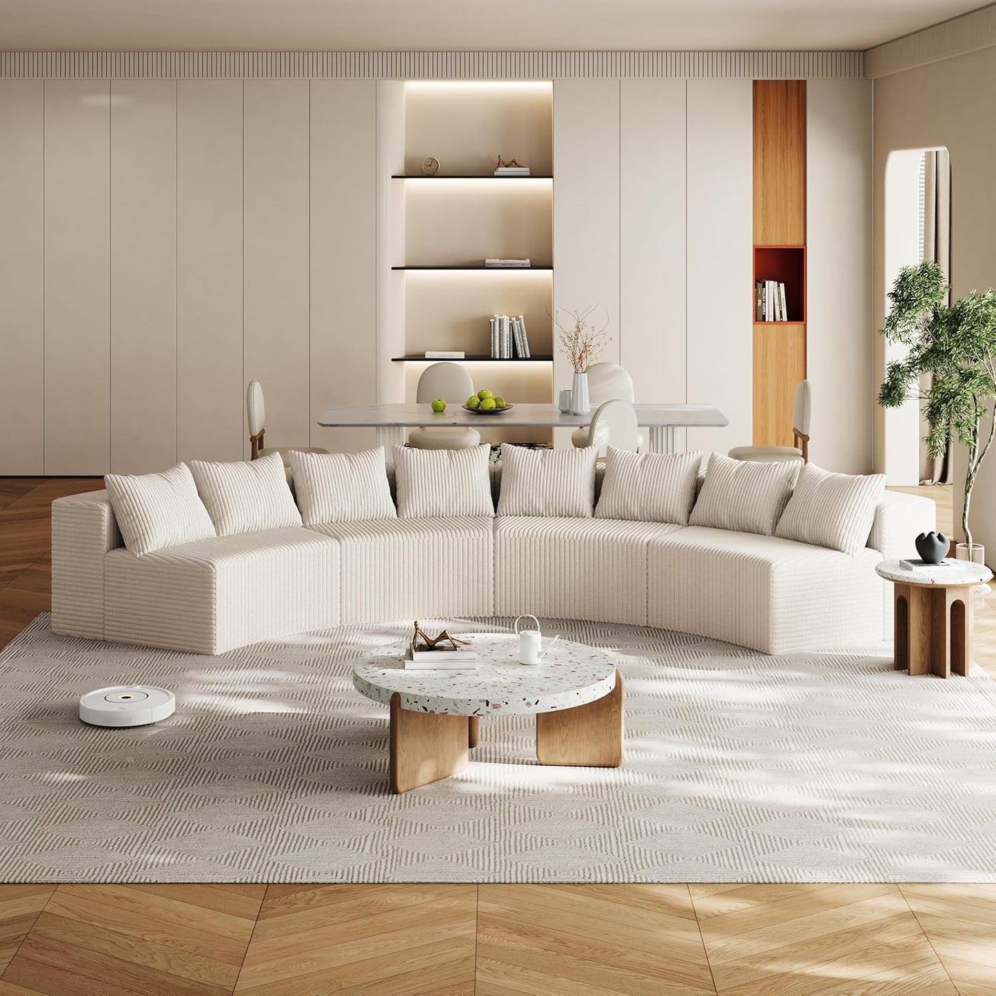 KEIKI Corduroy Curved Sectional Sofa, 4 Seater Symmetrical Modular Semi Circular Couch, Deep Seat Tufted Corner Sofa for Living Room, Lobby, Beige