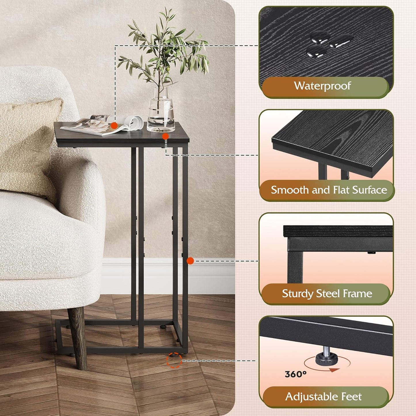 WLIVE Black Side Table, C Table End Table for Bedroom, Home Office, Dorm, Living Room Tables, Black Couch Table, 2-Tier Side Tables