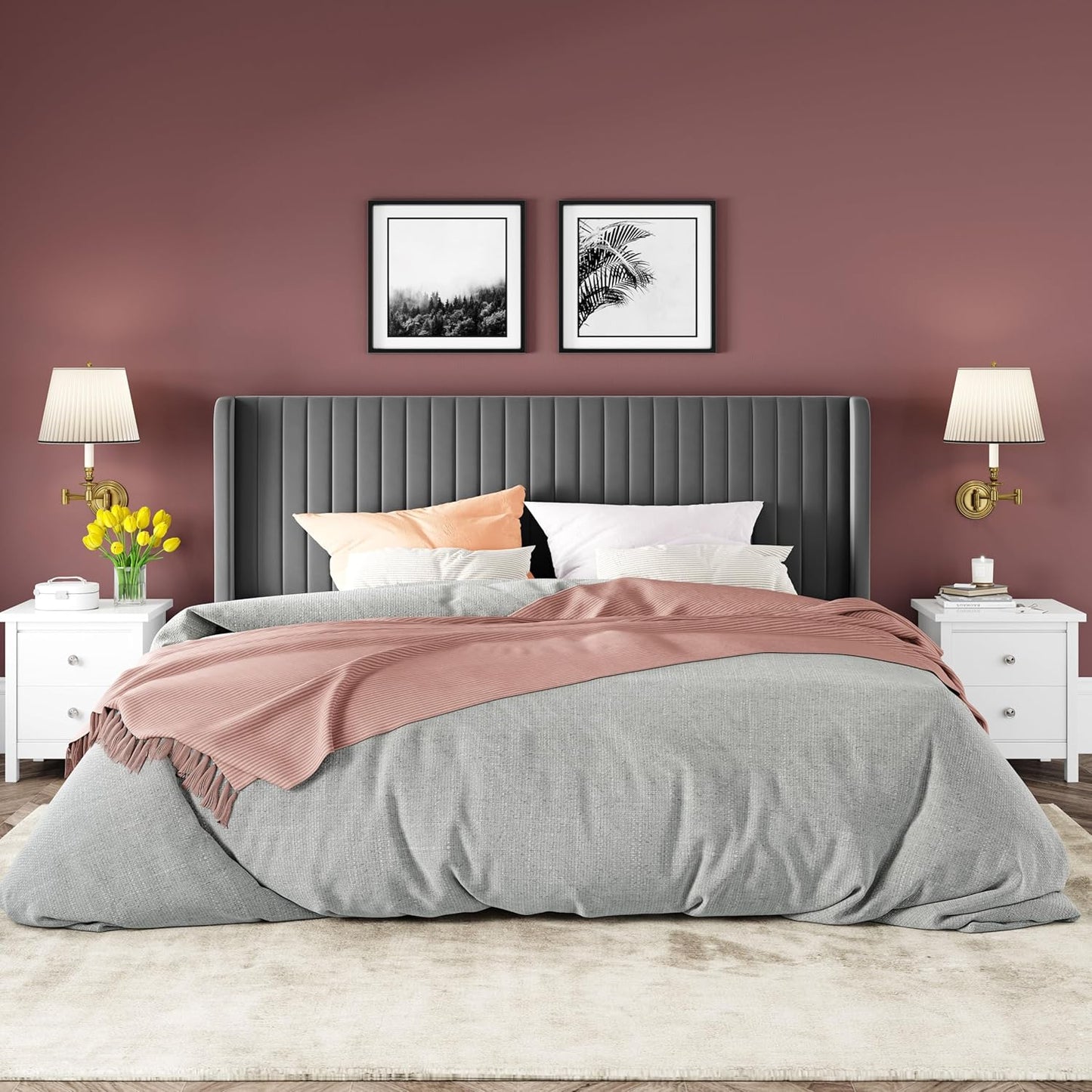 Allewie King Size Velvet Bed Frame/Vertical Channel Tufted Wingback Headboard/Upholstered Platform Bed/No Box Spring Needed/Strong Wooden Slats/Easy Assembly/Grey