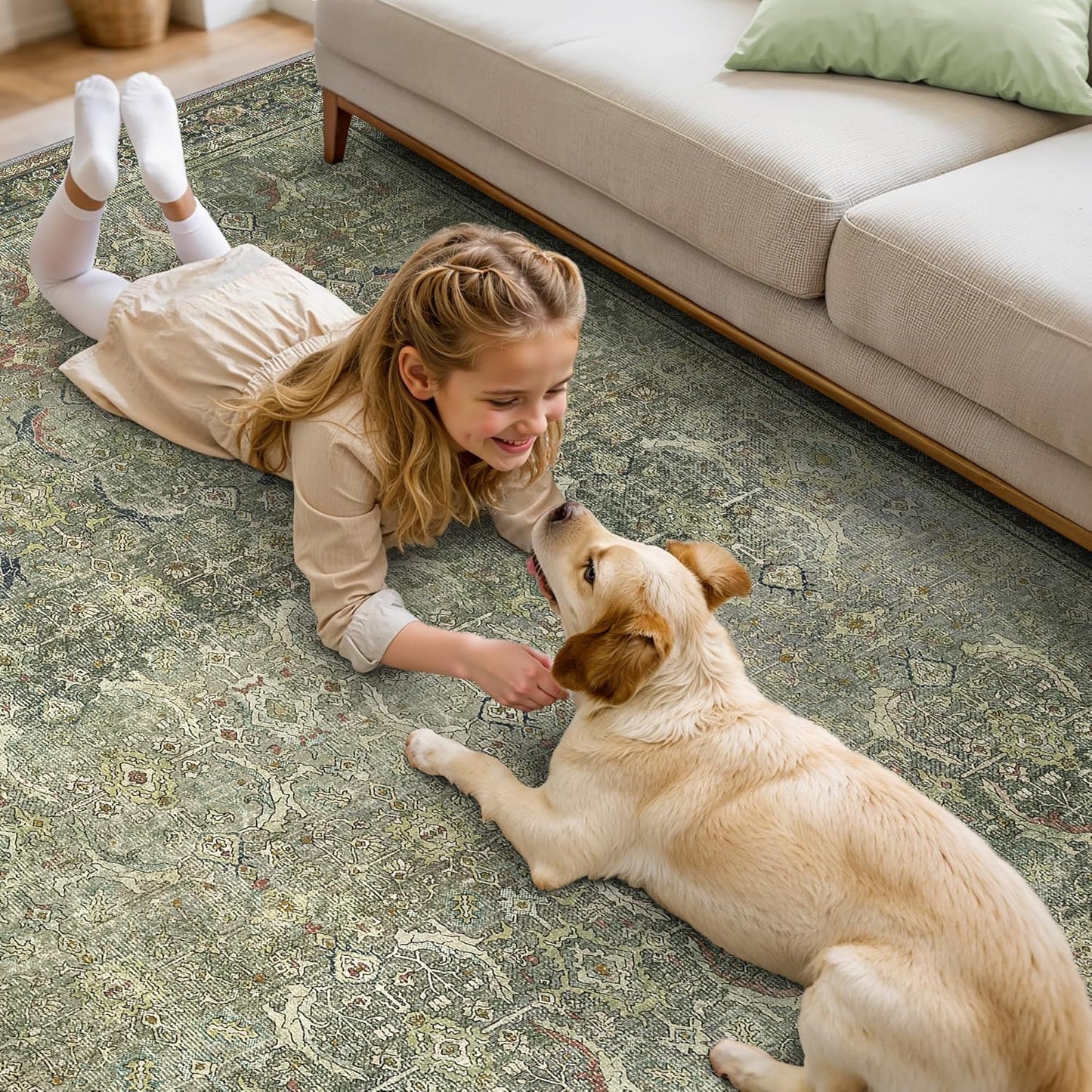 10X14 Area Rugs Machine Washable Rugs for Living Room, Vintage Boho Large Rugs for Bedroom Dining Room, Non Slip Indoor Soft Distressed Lightweight Thin Low Pile Carpet, Green