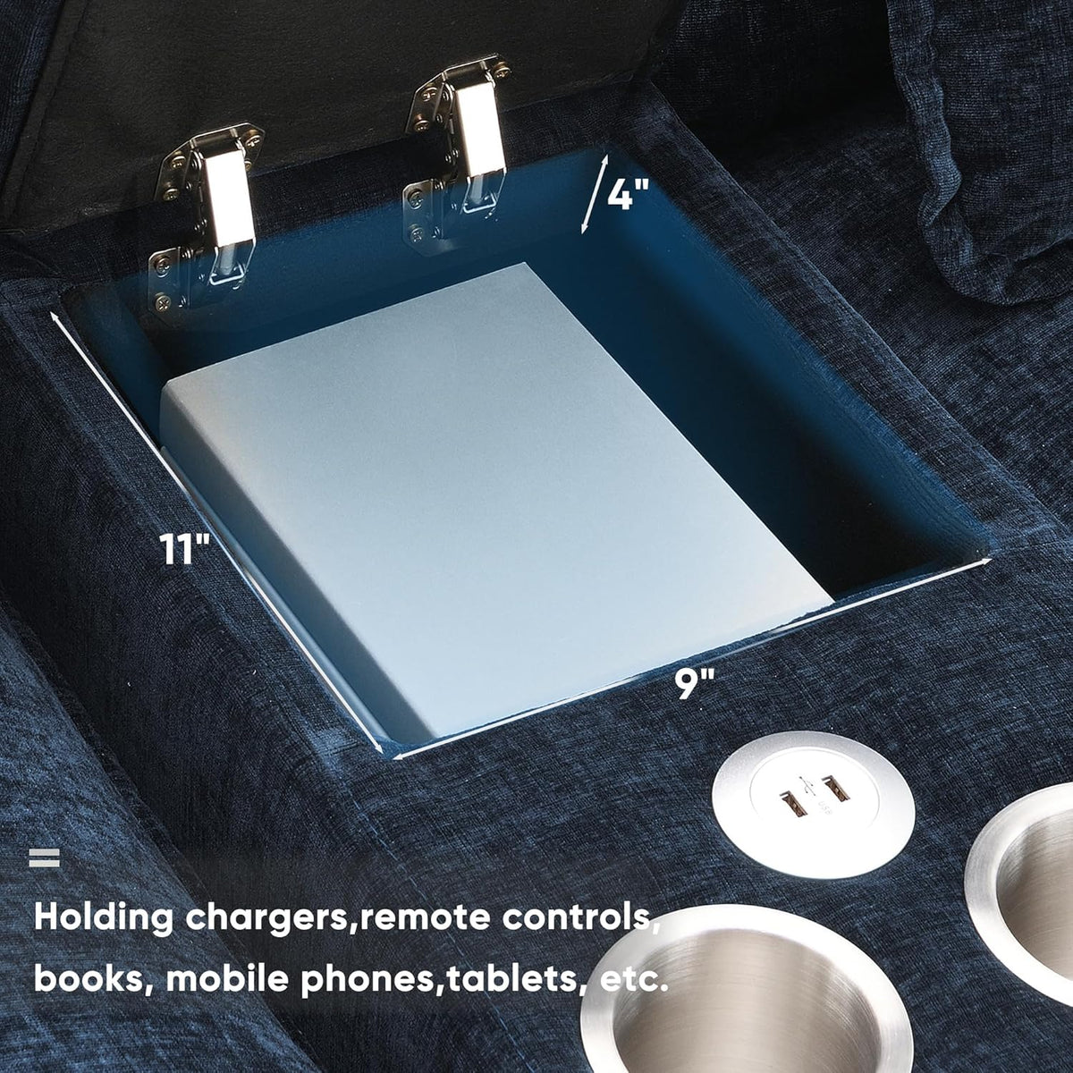Merax 123" Modular Sectional Couches with Waist Pillows, Cupholders, Console and USB Charging, 6-Seat Upholstered Sleeper Sofa Chaise Lounge & Double Cushions for Living Room, Apartment, Dark Blue