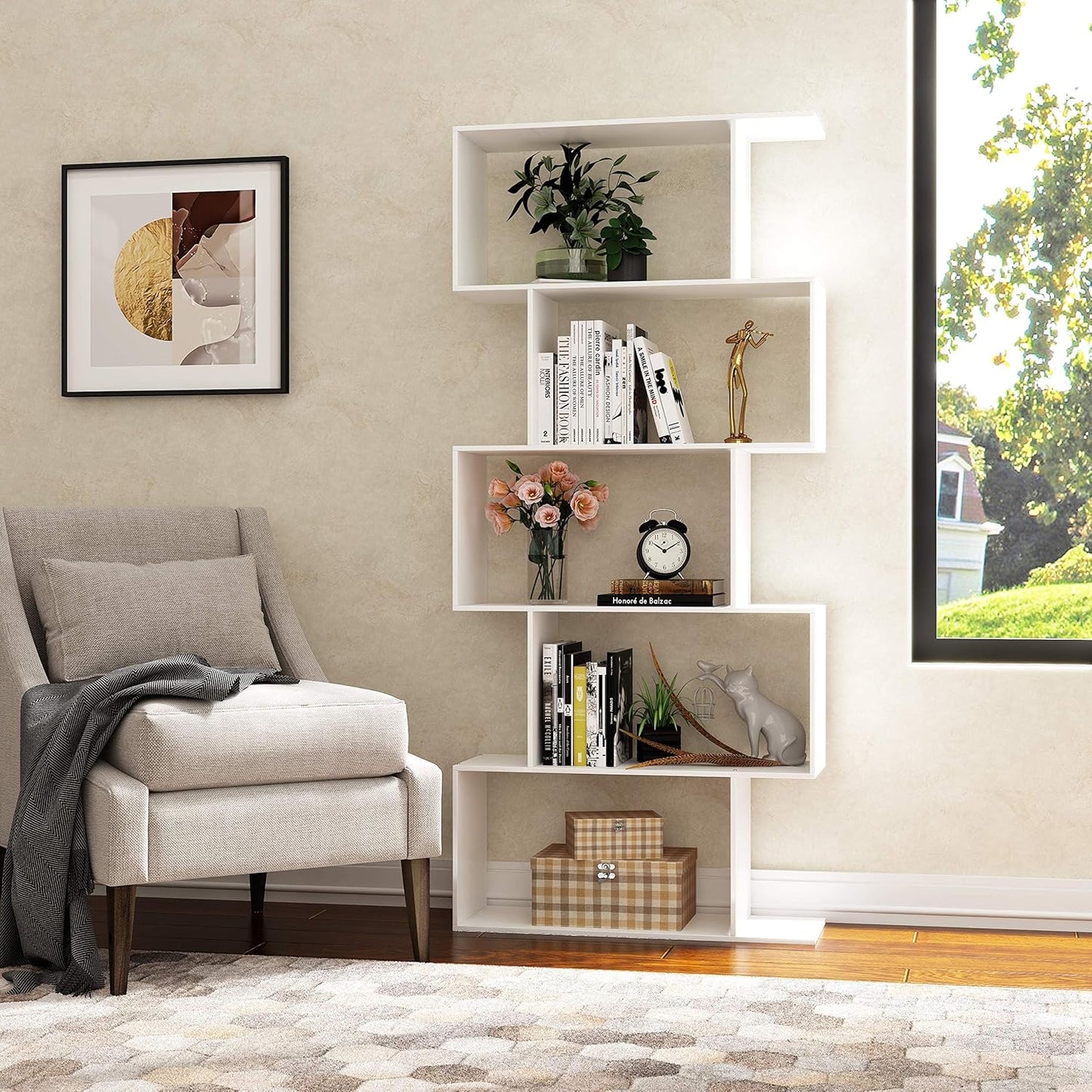 Yusong Bookshelf 5-Tier, Geometric Bookcase S Shaped Book Shelves for Bedroom, Modern Wood Decorative Display Shelf Book Case for Home Office, White