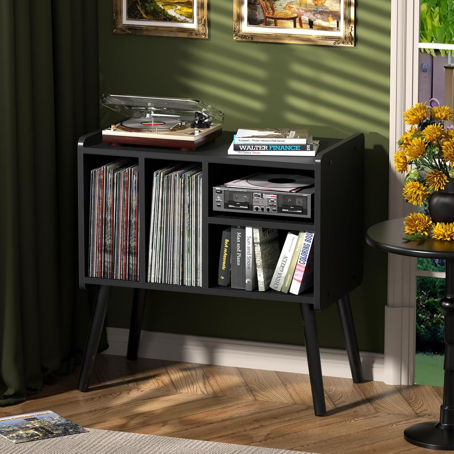 Record Player Table, Mid-Century Record Player Stand with Vinyl Storage Hold Up to 150+ Albums, Vinyl Record Cabinet with Adjustable Shelves, Wood Turntable Stand for Music Living Room (Black)