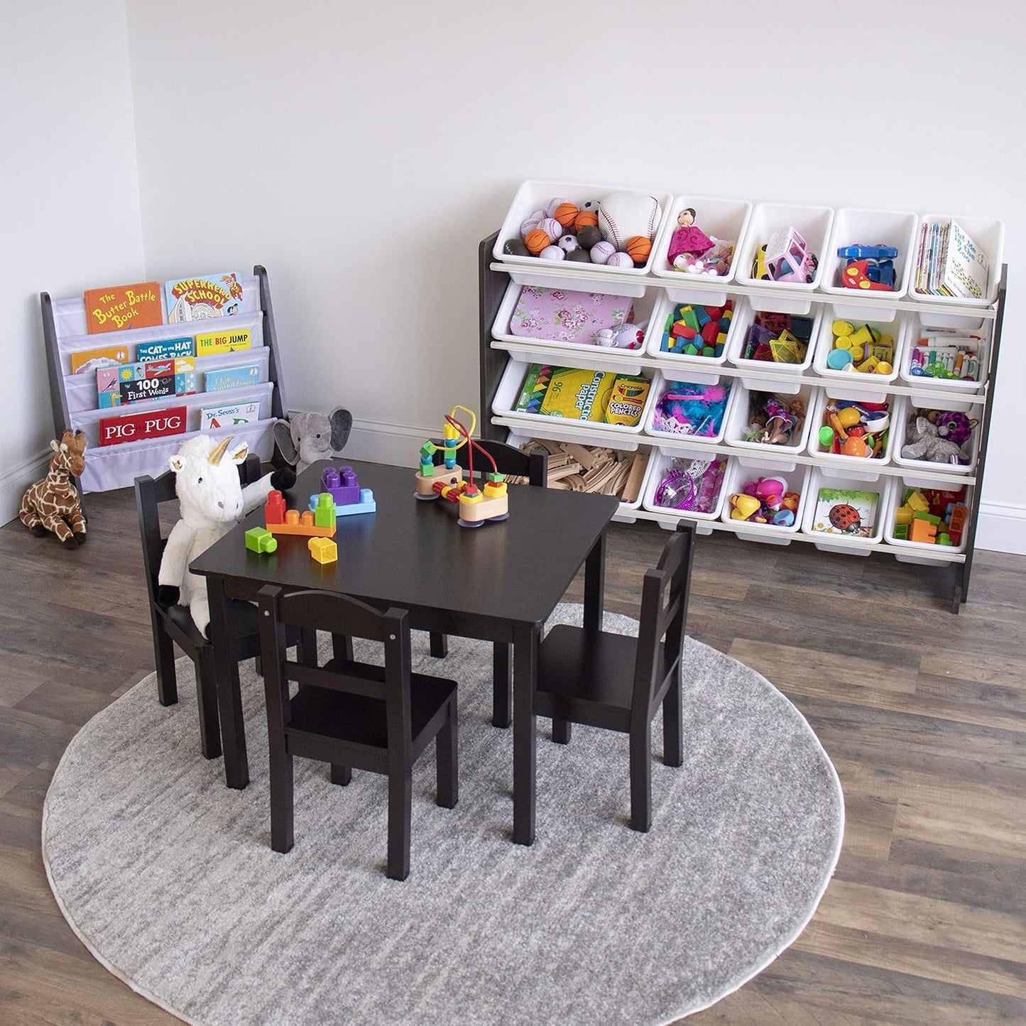 Humble Crew Extra-Large Toy Organizer with 20 Plastic Bins – White/Espresso Storage Rack with 4-Tier Shelves, Anti-Tip Safety, for Kids’ Rooms, Playrooms, Nurseries & Classrooms