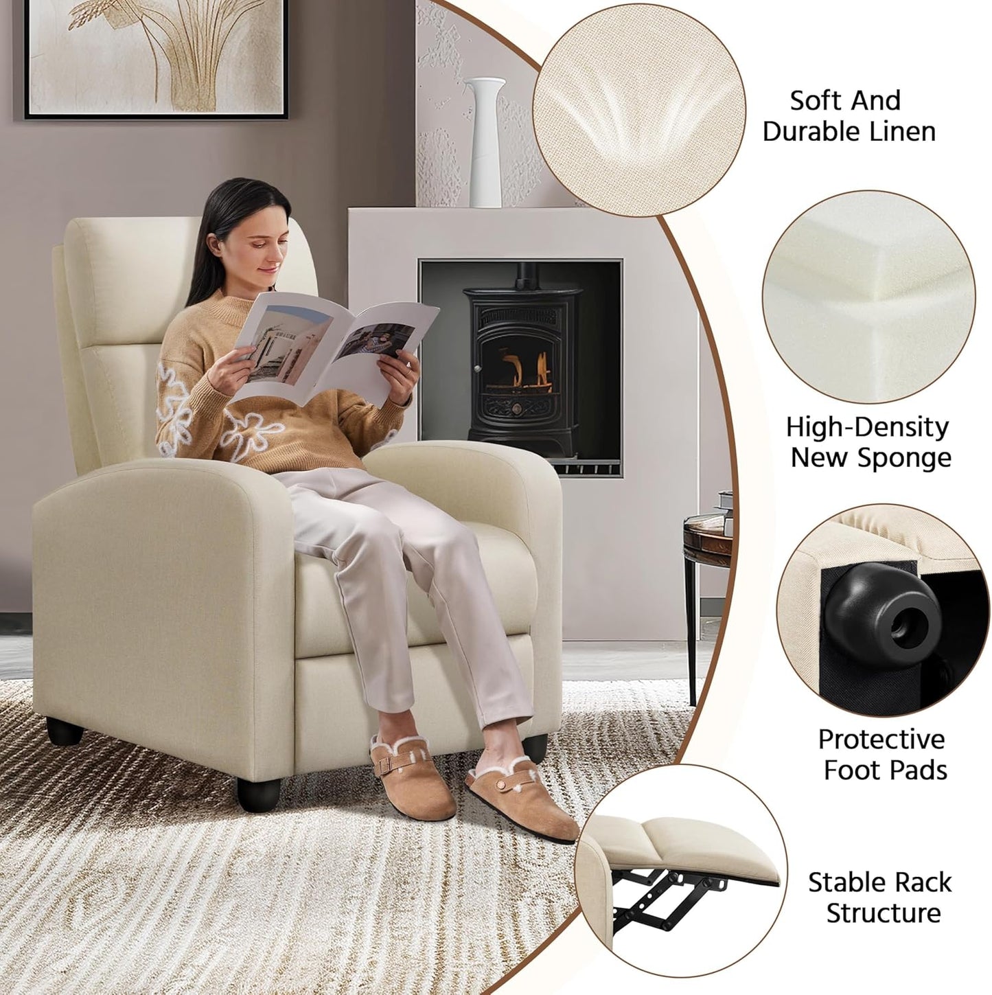 Yaheetech Modern Fabric Recliner Chair Sofa Adjustable Single Sofa with Thicker Seat Cushion and Backrest for Living Room Home Theater, Beige