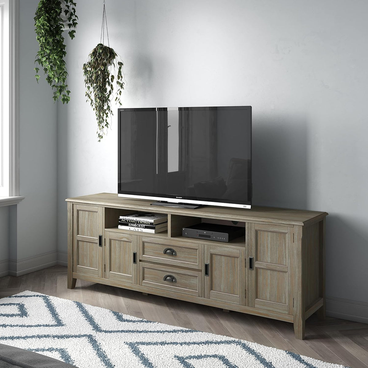 SIMPLIHOME Burlington SOLID WOOD 72 inch Wide Transitional TV Media Stand in Distressed Grey For TVs up to 80 inches for the Living Room and Entertainment Center