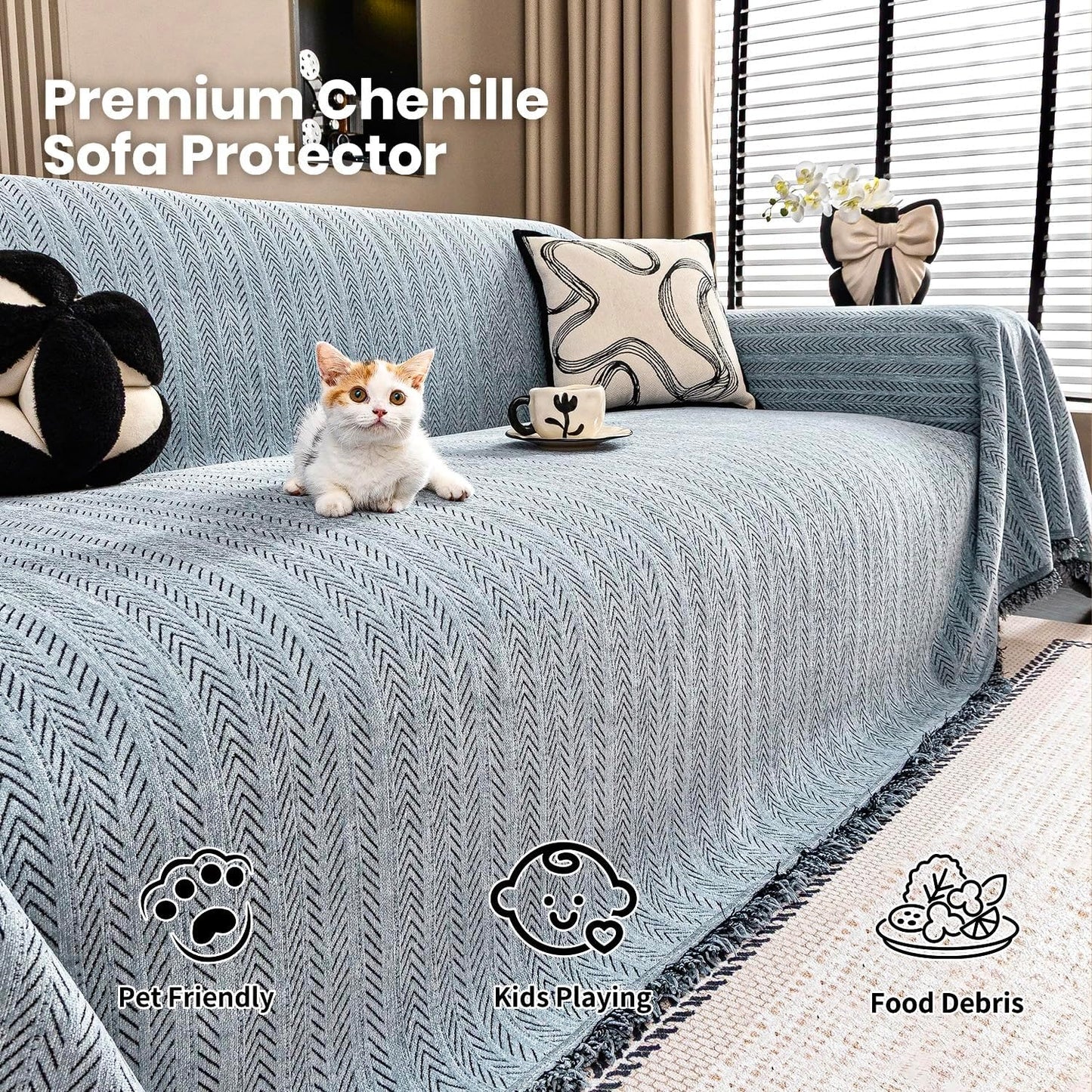 Nobildonna Sofa Cover Washable Soft Thicken Chenille Couch Cover with Tassel,Waterproof Sofa Slipcovers for 2 Cushion Couch,Loveseat,Futon Couch Furniture Protector Pet-Friendly,Dusty Blue 71"x102"