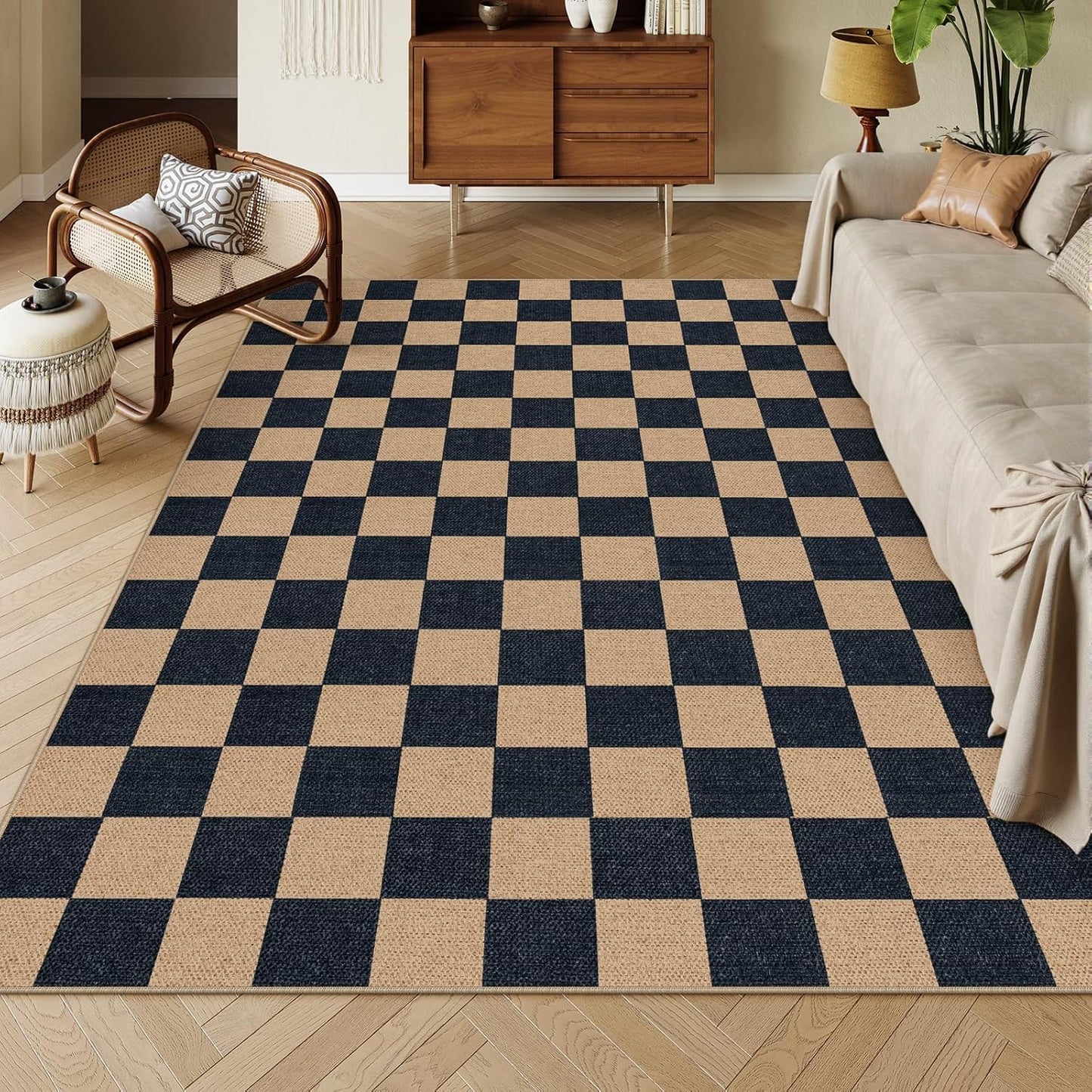 Lahome Checkered Easy Jute Carpet, Washable Area Rug 6x9 Neutral Outdoor Patio Rug, Farmhouse Checkerboard Non Slip Non Shedding Floor Carpet for Dining Living Room Deck Sunroom