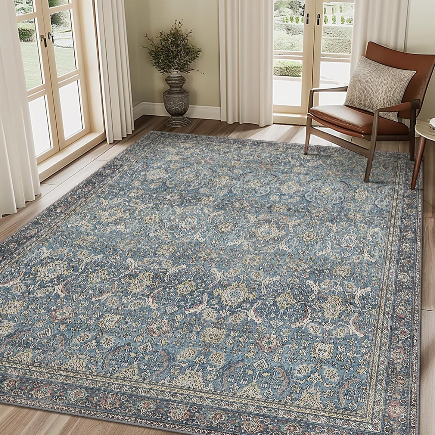 6X9 Area Rugs Machine Washable Rugs for Living Room, Vintage Boho Large Rugs for Bedroom Dining Room, Non Slip Indoor Soft Distressed Lightweight Thin Low Pile Carpet, Vintage Blue