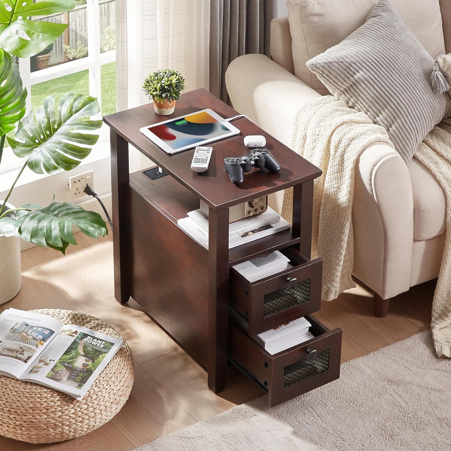 Farmhouse XXL End Table with Charging Station, Narrow Side Table with USB Ports and Outlets, Nightstand with 2 Drawers Storage, Bedside Tables for Living Room, Bedroom, Rustic Cherry