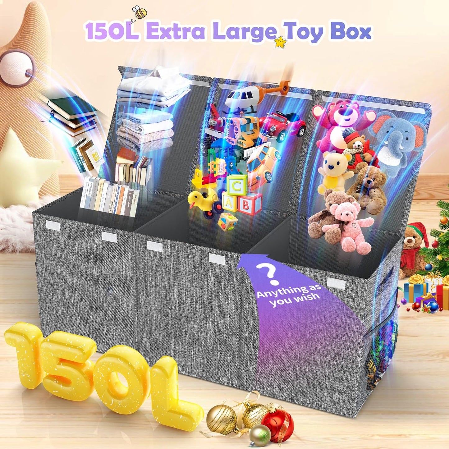 Extra Large Toy Box Chest with Lids, Collapsible Sturdy Kids Toy Storage Organizer Boxes for Boys Girls, 40"x14"x16", Toybox Storage Bins Basket for Living Room, Bedroom, Nursery, Gray