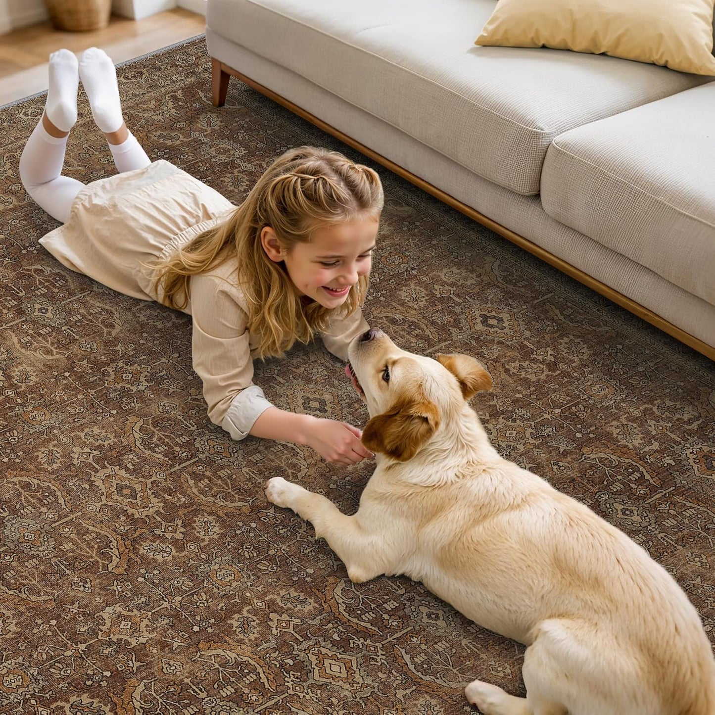 8X10 Area Rugs Machine Washable Rugs for Living Room, Vintage Boho Large Rugs for Bedroom Dining Room, Non Slip Indoor Soft Distressed Lightweight Thin Low Pile Carpet, Rustic Brown