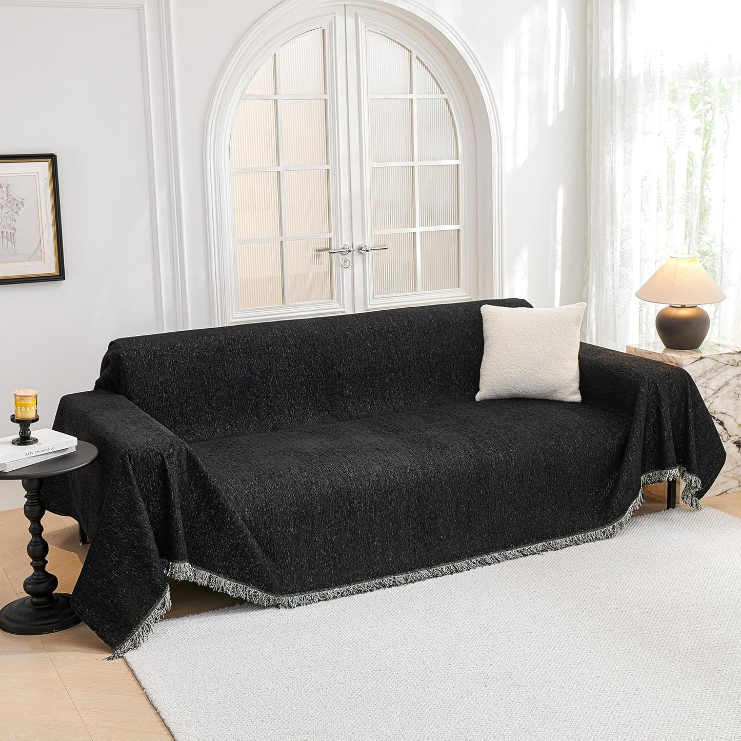 MYSKY HOME Sofa Cover - Non Slip Soft Couch Cover for Dogs, Washable Furniture Protector, 91"x134", Black