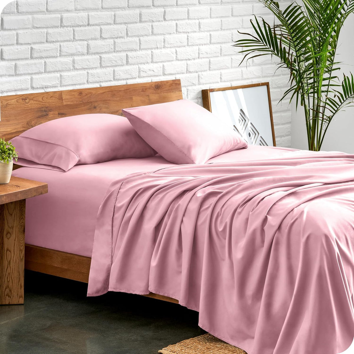 Bare Home Queen Sheet Set - Luxury 1800 Ultra-Soft Microfiber - Double Brushed - Deep Pockets - Easy Fit - 4 Piece Set - Bedding Sheets & Pillowcases (Queen, Light Pink)
