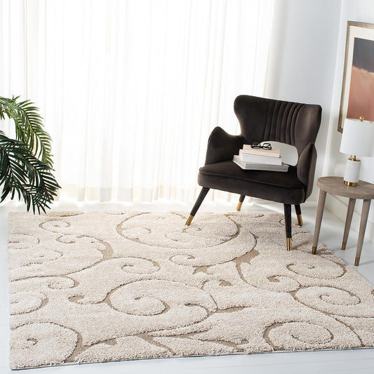 SAFAVIEH Florida Shag Collection Area Rug - 3'3" Square, Cream & Beige, Scroll Design, Non-Shedding & Easy Care, 1.2-inch Thick Ideal for High Traffic Areas in Living Room, Bedroom (SG455-1113)
