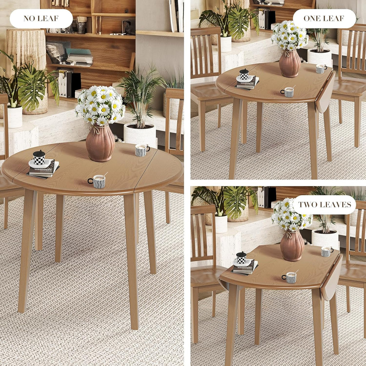 COLAMY 3-Piece Extendable Dining Table Set for 2, 36" Kitchen Round Wood Table with 2 Tufted Dining Room Chairs,Light Brown/Dark Grey