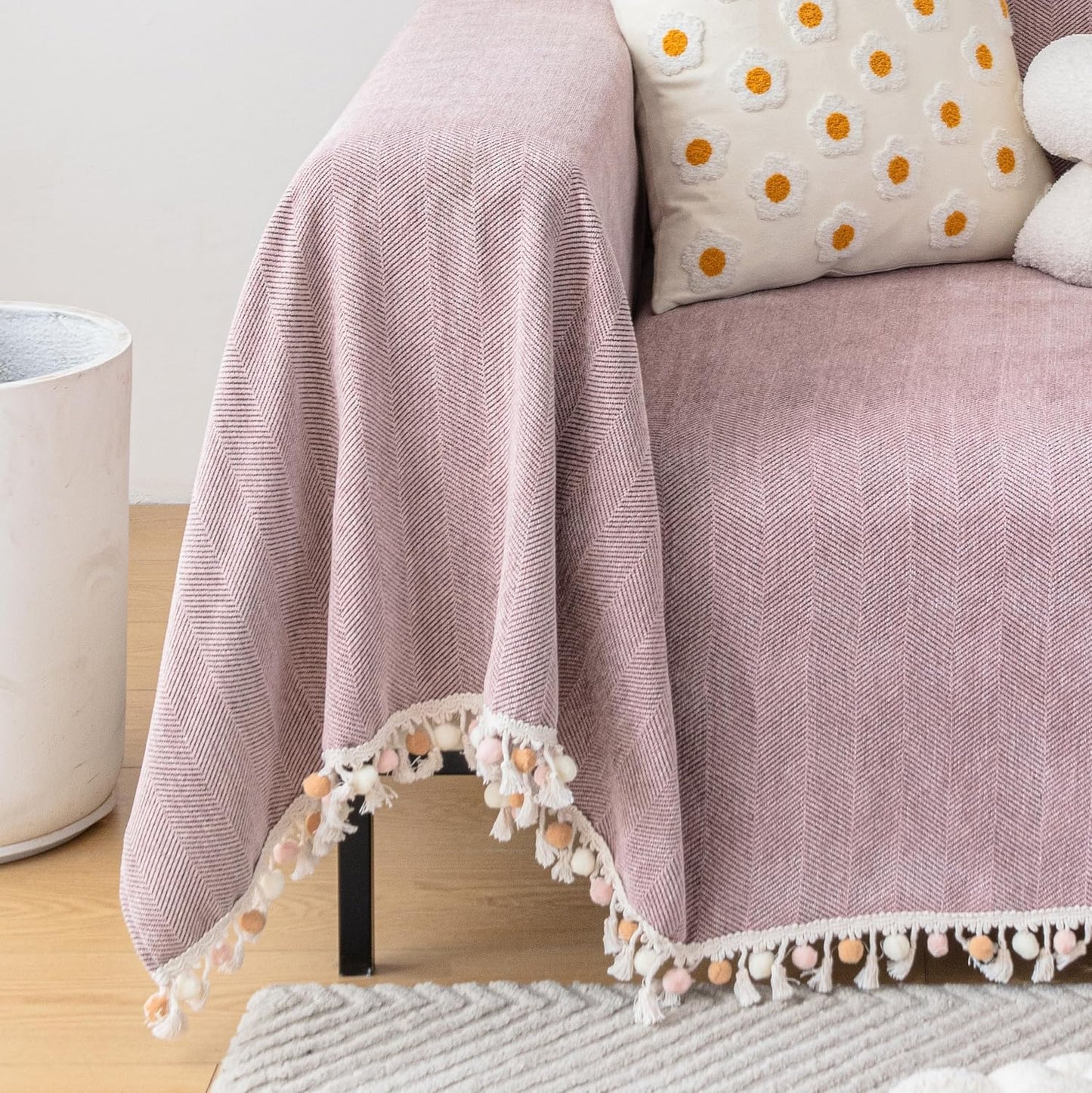 HANDONTIME Solid Boho Sofa Cover for 3 Cushion Couch - Pink-Purple Chenille Throw With Tassels for Dogs, 91" X 150" - Mauve