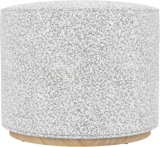 Bouclé Ottoman with Wooden Base – 22” Round Upholstered Footrest, Cream Bouclé with Gray Yarns, Modern Accent Stool for Living Room & Bedroom