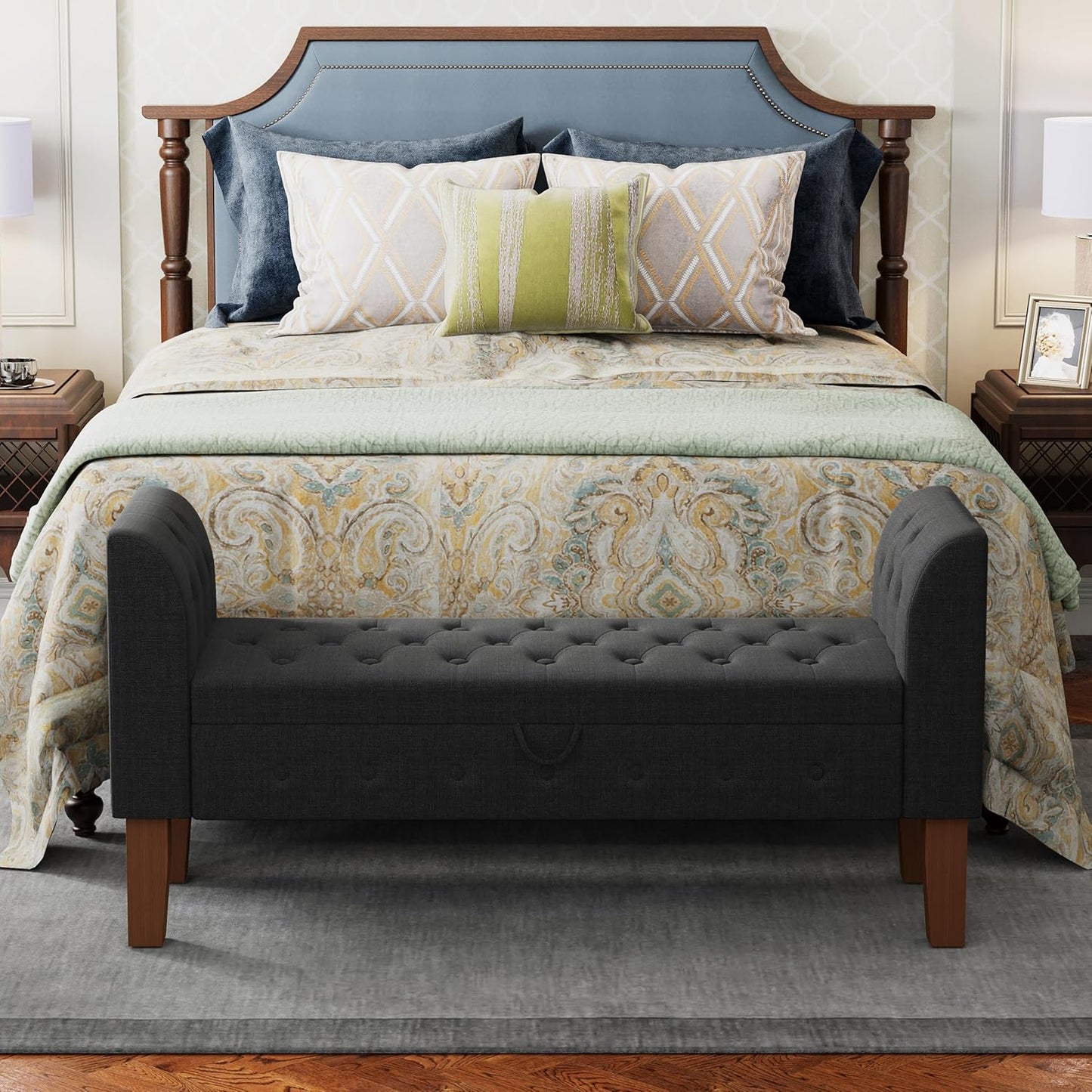 Awonde Storage Bench for Bedroom End of Bed Button Tufted Upholstered Bench Storage Ottoman Bench with Arms 52" Settee Bench Gray Linen