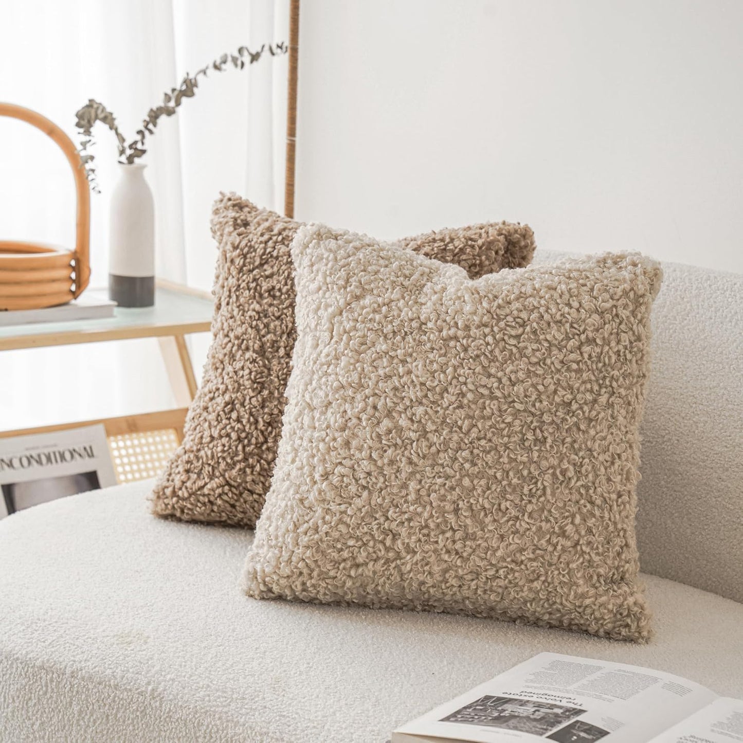 Foindtower 2 Pieces 24x24 Inch Light Khaki, 100% Polyester Throw Pillow Cover Accent Sherpa Pillow Fuzzy Soft Pillowcases Sheepskin Decorative Fleece Cushion Case for Bed Couch Living Room
