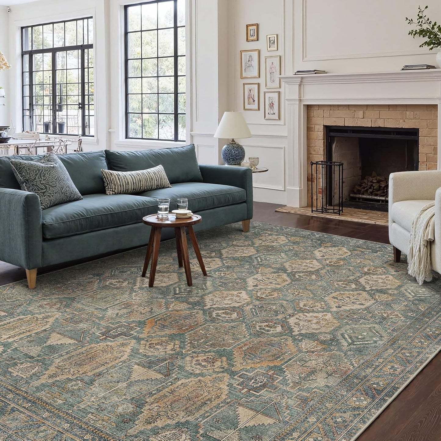 GENIMO 8x10 Area Rugs for Living Room, Machine Washable Non Slip Vintage Rugs, Low Pile Lightweight Chenille Print Rug for Bedroom, Dining Room, Home Office, Sage Teal