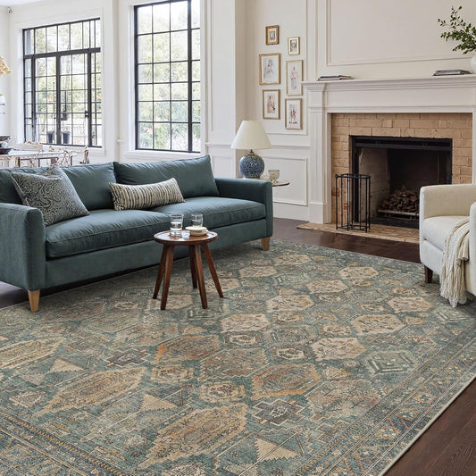 GENIMO 5x7 Area Rugs for Living Room, Machine Washable Non Slip Vintage Rugs, Low Pile Lightweight Chenille Print Rug for Bedroom, Dining Room, Home Office, Sage Teal