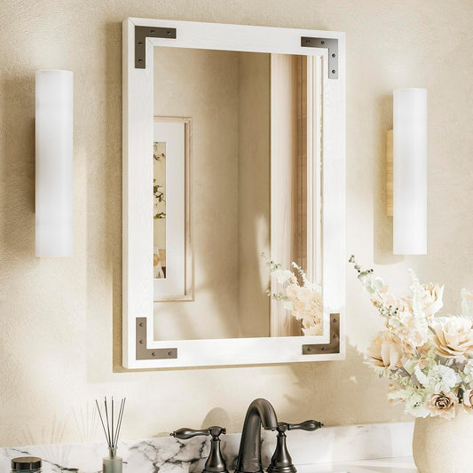 TETOTE 18 x 26 White Wood Mirror for Bathroom Wall/Bedroom/Living Room/Entryway Farmhouse Rustic Wall Mirror Waterproof (Horizontal/Vertical Mounted)