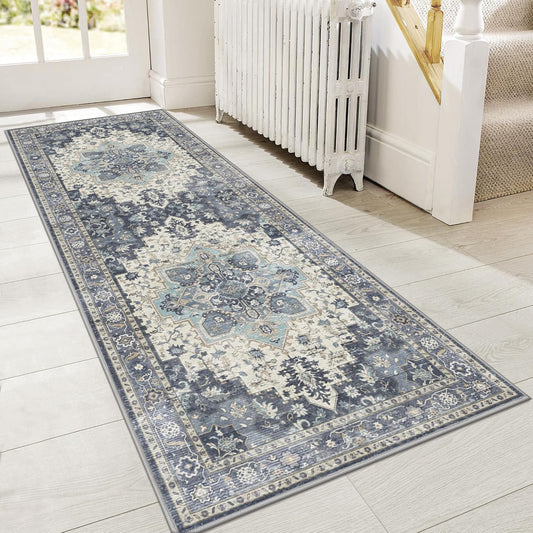 GENIMO 2x6 Runner Rugs for Hallway, Machine Washable Non Slip Vintage Rugs, Low Pile Lightweight Soft Print Rug for enrtyway, Corridor, Home Office, Kitchen, Center Blue