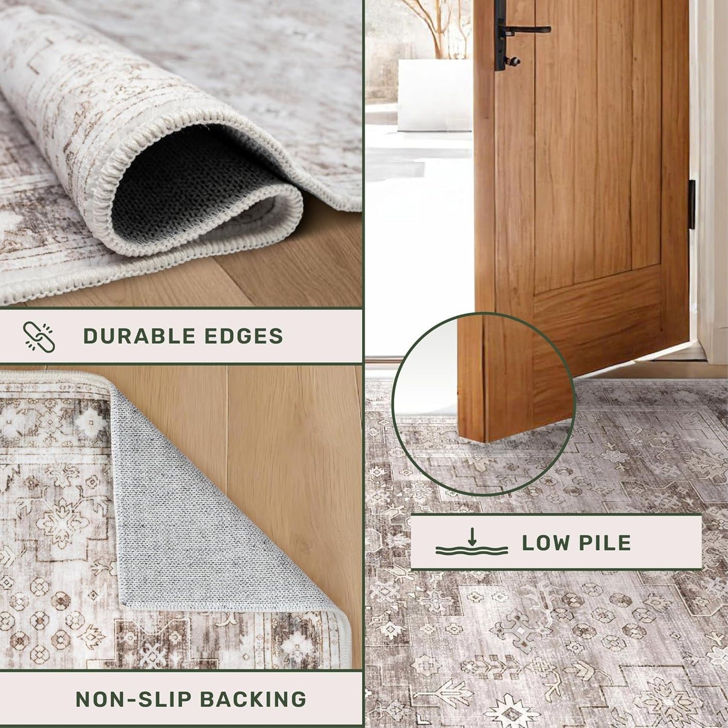 Boho 2x7 Long Runner, Neutral Farmhouse Bedside Rug, Small Throw Runners for Bedroom Hallway Bathroom Kitchen, Vintage Floral Decor & Non-Slip Low-Pile Washable Stain Resistant Beige Latte Rug