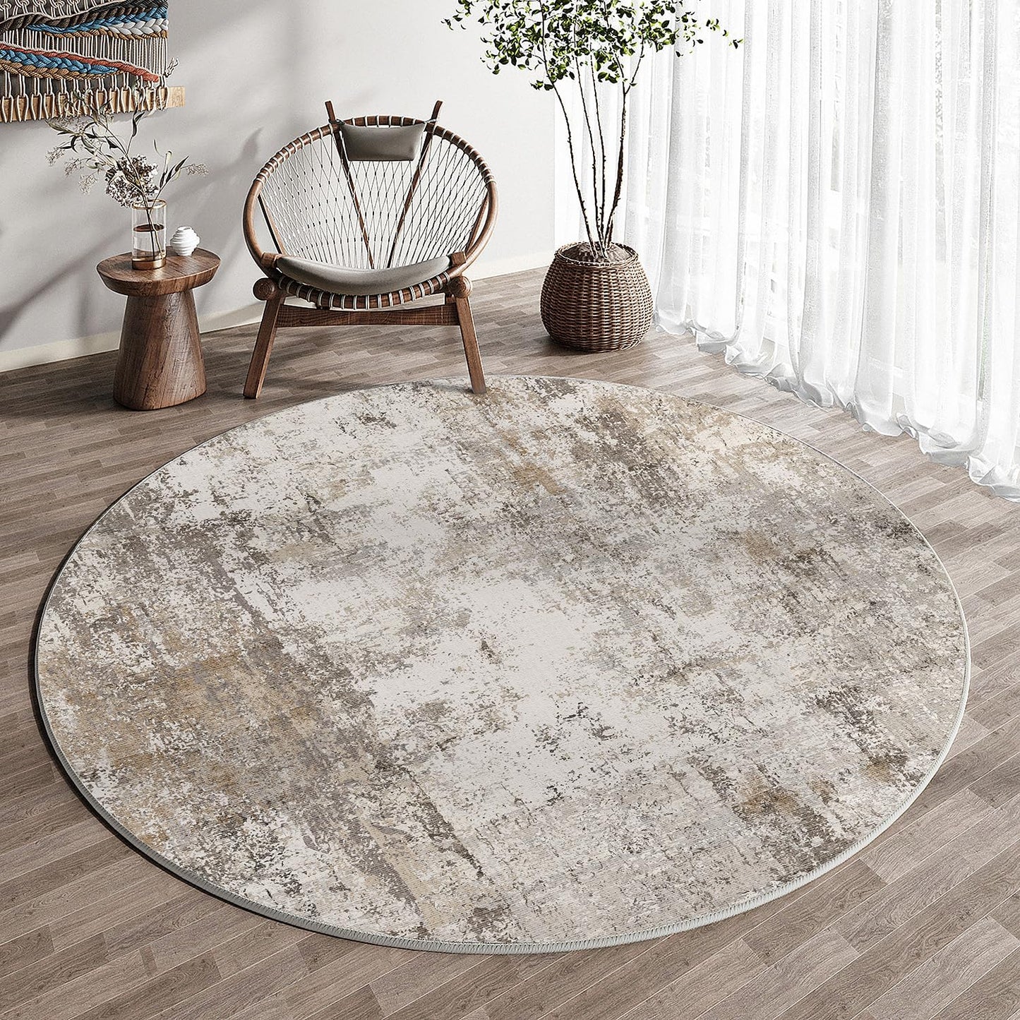 3x3 Washable Round Rug Brown Grey Neutral Abstract Entryway Non Slip Low Pile Area Rug Living Room Bedroom Indoor Doormat Small Soft Carpet for Entrance Bathroom Kitchen