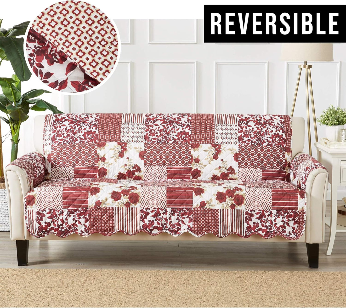 Great Bay Home Patchwork Scalloped Printed Furniture Protector Stain Resistant Sofa Cover (Sofa, Burgundy)