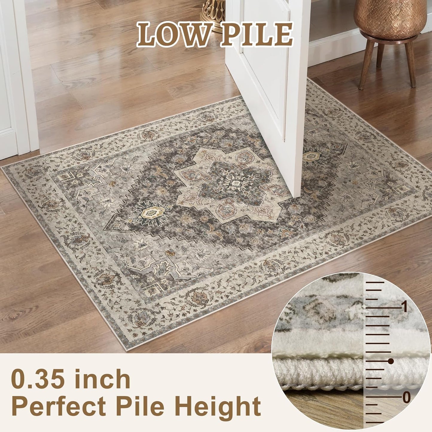 Tangsoo Washable Rug 4x6 Area Rug, Vintage Rug Indoor for Living Room, Non Slip Machine Washable Large Rugs, Soft Print Distressed Brown/Grey Farmhouse Carpet for Bedroom Dining Room Dorm Office