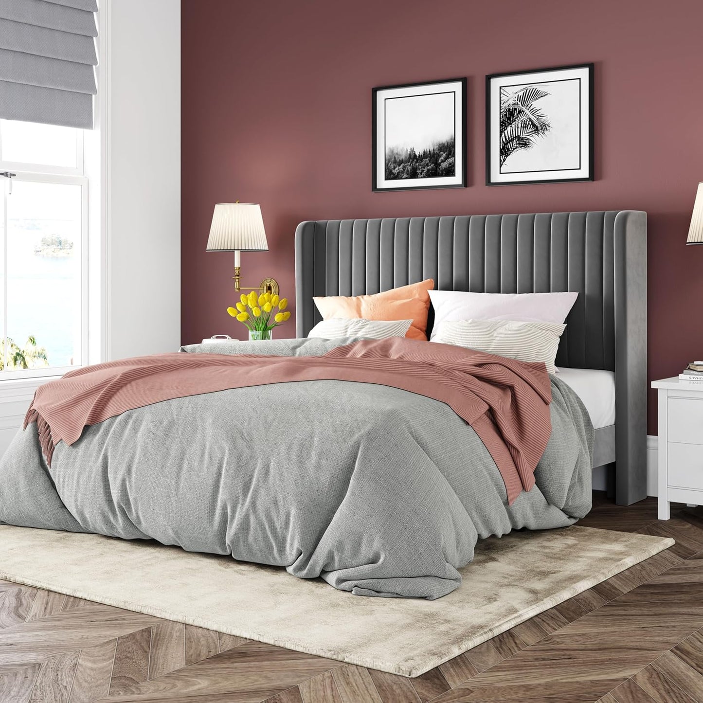 Allewie Queen Size Velvet Bed Frame/Vertical Channel Tufted Wingback Headboard/Upholstered Platform Bed/Strong Wooden Slats/No Box Spring Needed/Easy Assembly/Grey