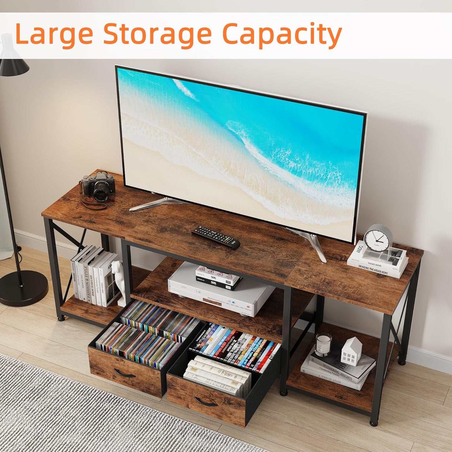 TV Stand with Fabric Drawers for 65 70 75 Inches TV - Entertainment Center and Industrial TV Console Table with Open Storage Shelves for Living Room, Bedroom - 63" Rustic Brown