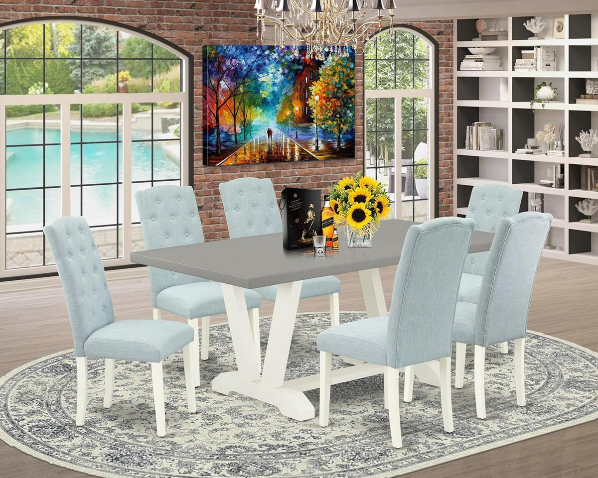 East West Furniture V097CE215-7 7 Piece Kitchen Table Set Consist of a Rectangle Dining Table with V-Legs and 6 Baby Blue Linen Fabric Parson Dining Room Chairs, 40x72 Inch, Multi-Color