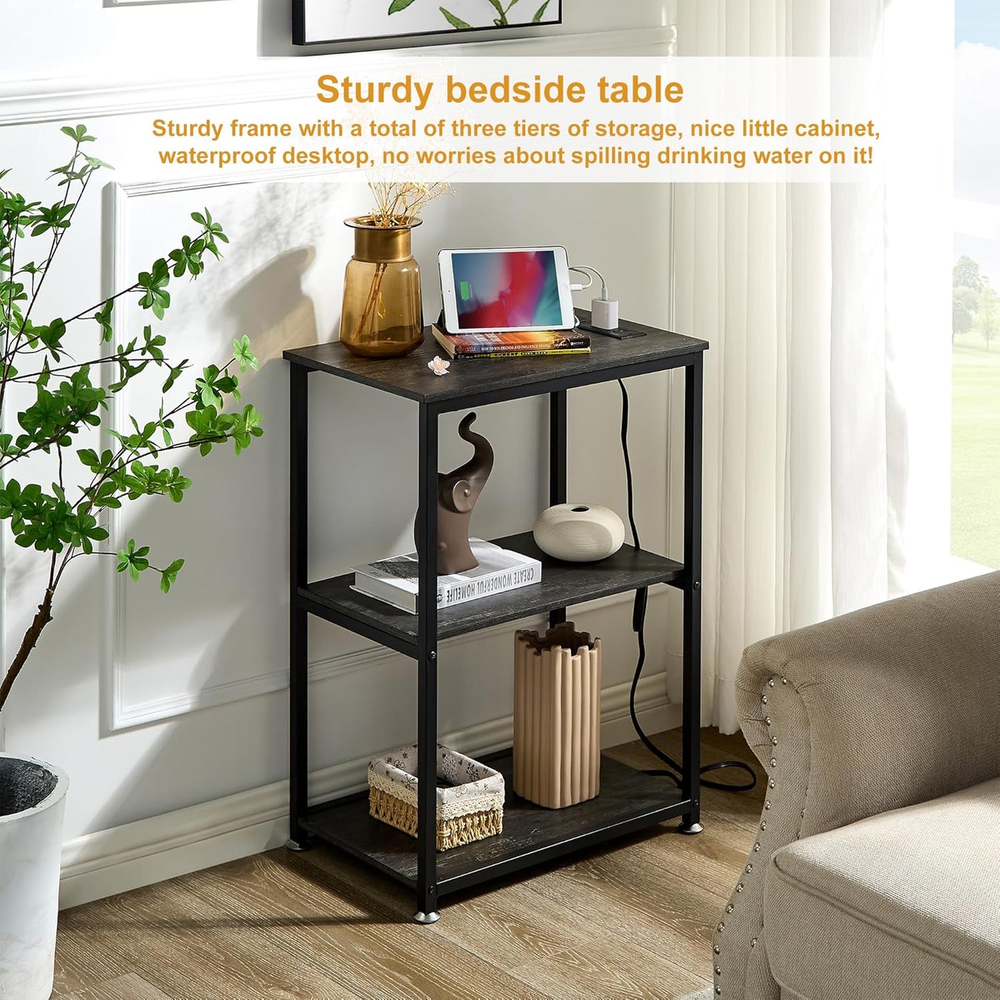 VECELO Tall End Table with Charging Station, Side Table with USB Ports and Outlets, 30" Height Nightstand with 3-Tier Storage Shelf for Living Room Bedroom Office Hallway Study