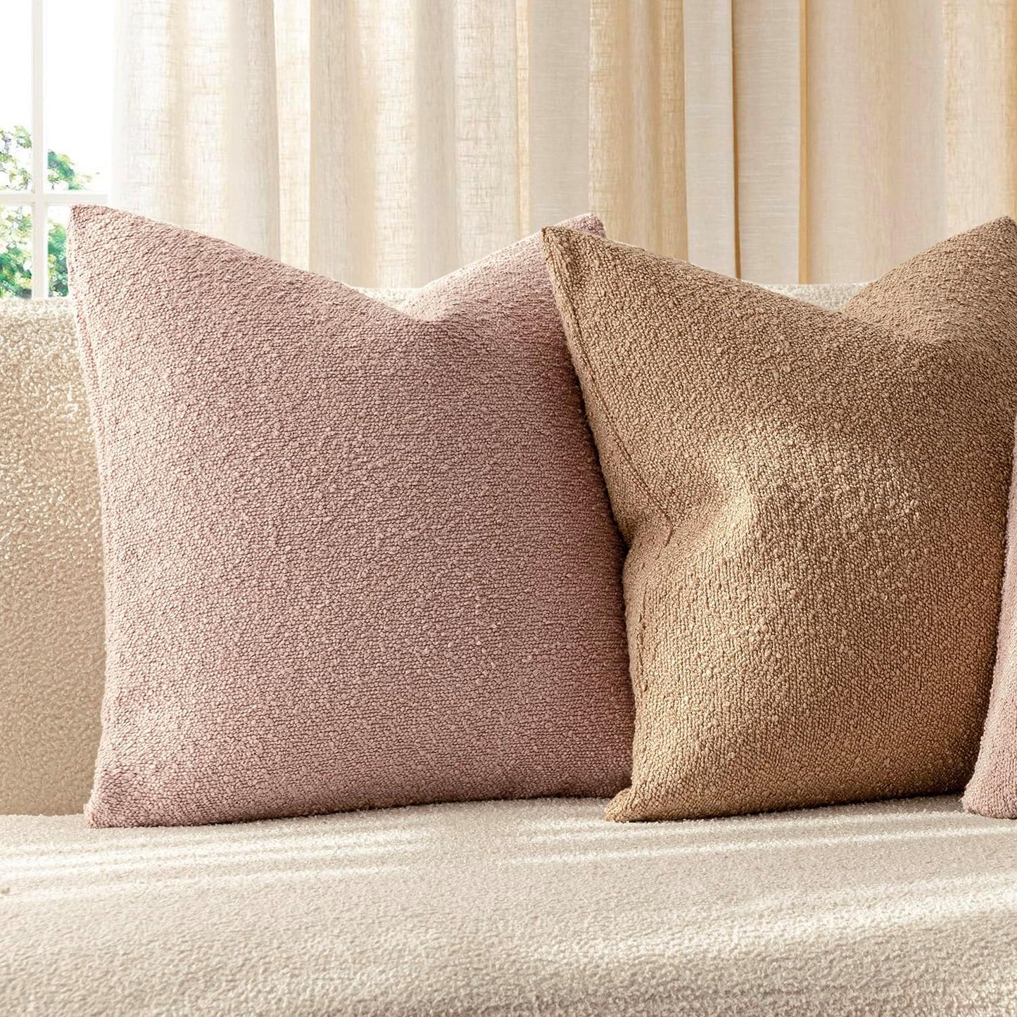 Foindtower Set of 2, Decorative Textured Boucle Throw Pillow Covers Accent Solid Pillow Cases Neutral Soft Couch Cushion Case for Chair Sofa Bedroom Living Room Home Decor 24 x 24 Inch Light Pink