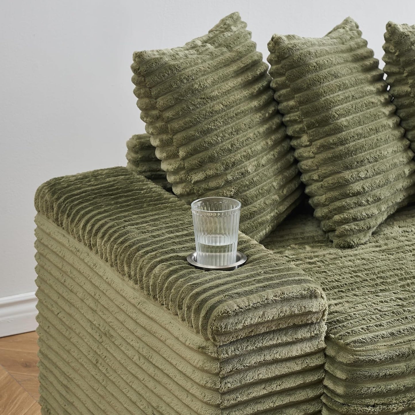 KEIKI 114" Corduroy Sofa with Cup Holders & Storage, L Shaped Sleeper Cloud Couch Set w/Reversible Chaise Lounge, Living Room Oversized Upholstered SofaBed for Apartment, Easy Assembly, Green