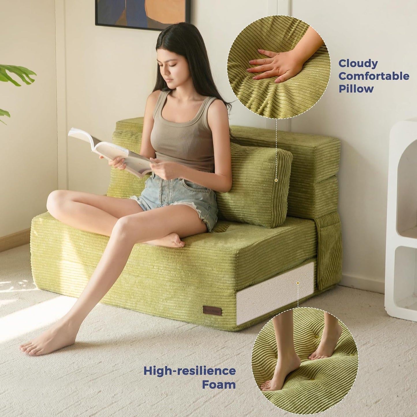 MAXYOYO Convertible Sofa Bed, Fold Out Sleeper Sofa with Pillow, 4 in 1 Tufted Folding Couch Bed Foam Floor Couch, Lazy Chair for Living Room Bedroom Guest Room, Green