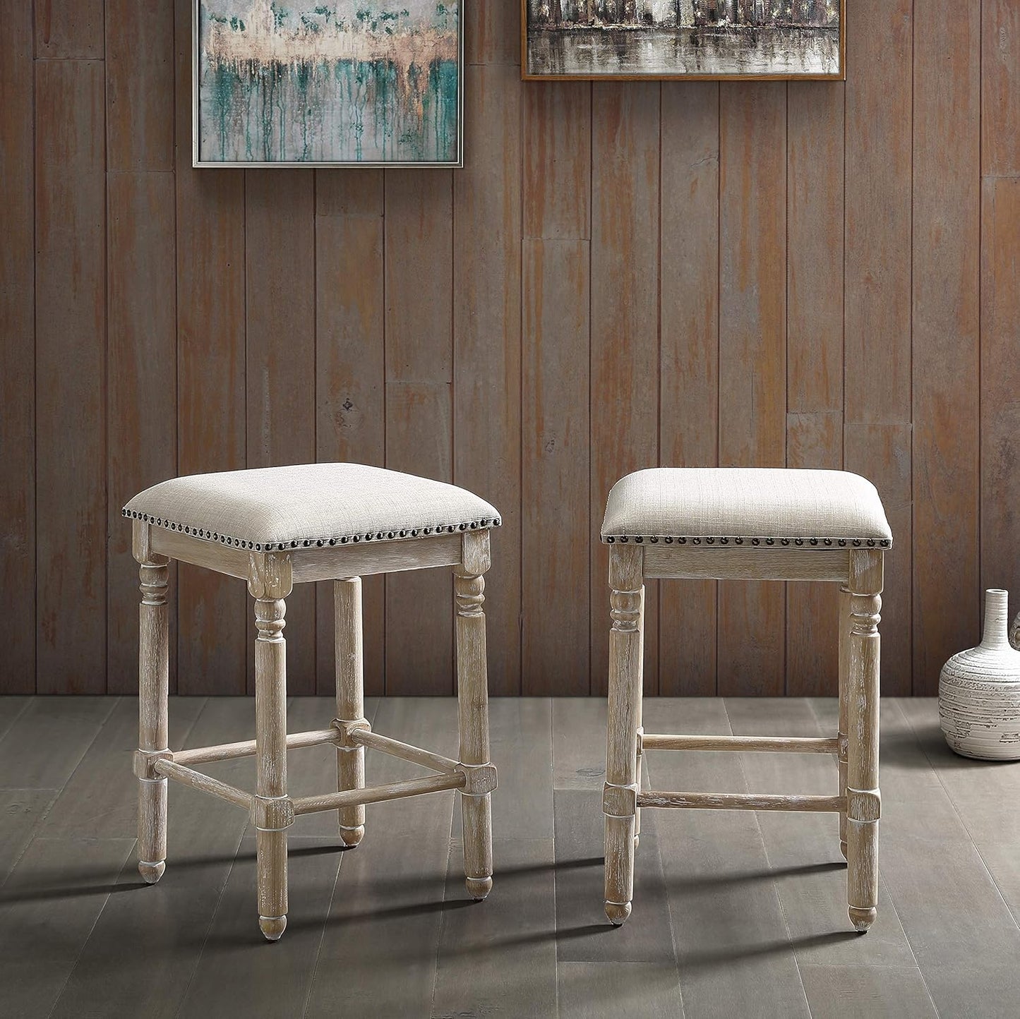 Roundhill Furniture Arnhem Wood Upholstered Swivel Counter Height Stools, Set of 2, Tan