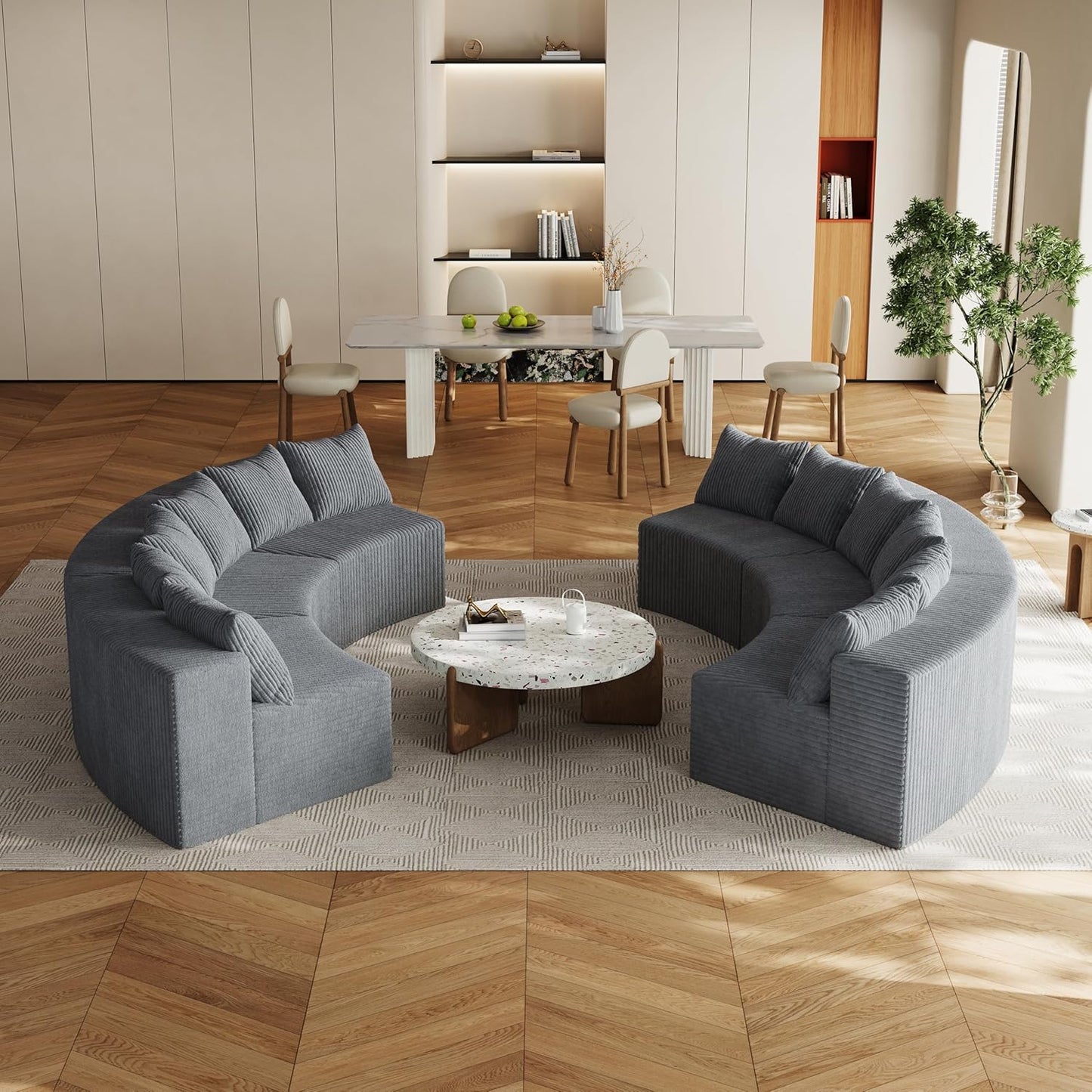 KEIKI Corduroy Curved Sectional Sofa, 6 Seater Symmetrical Modular Semi Circular Couch, Tufted Deep Seat Corner Sofa for Living Room, Lobby, Gray