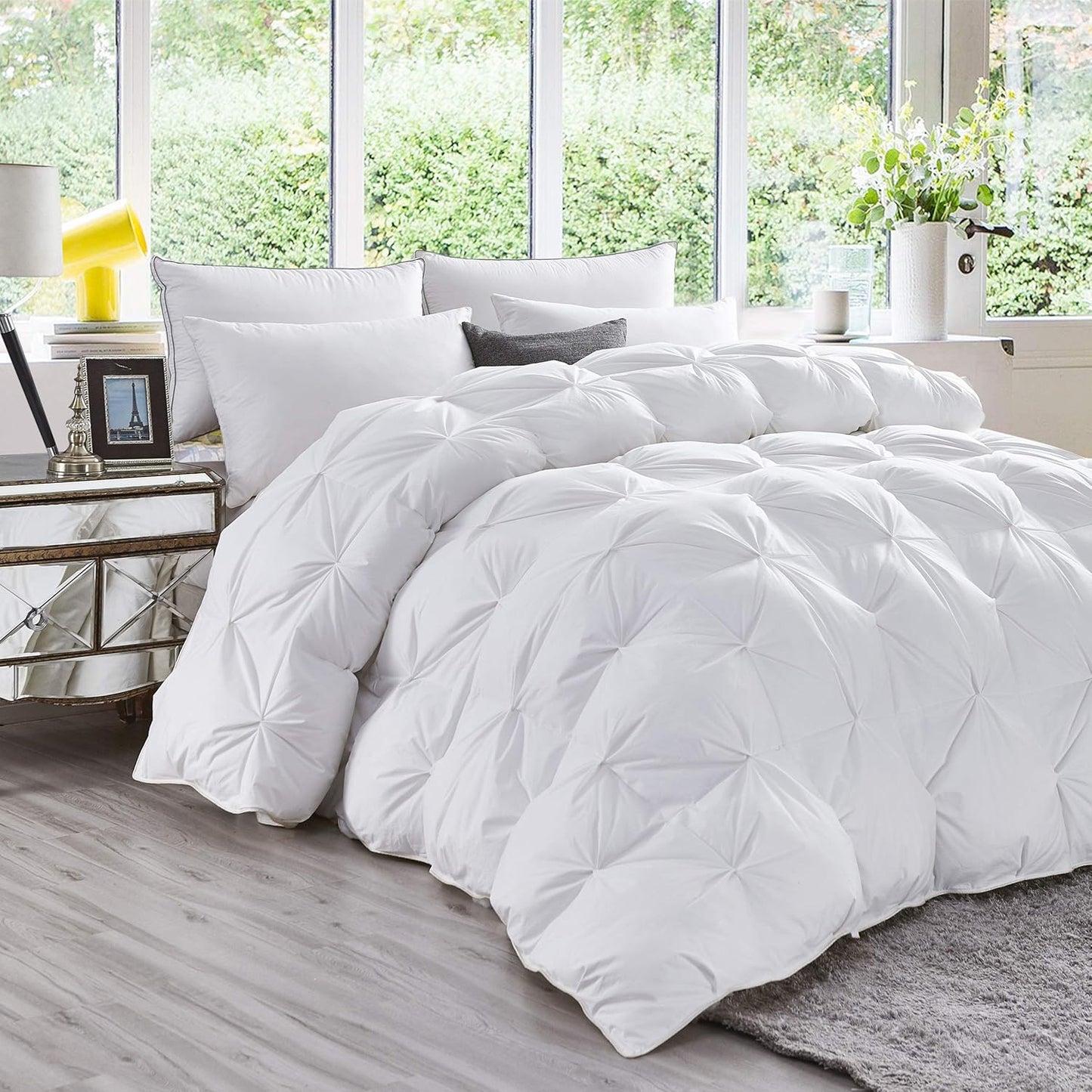 Luxurious All-Season Goose Down Feather Fiber Comforter Super King Size Duvet Insert (120x120), Exquisite Pinch Pleat Design- White, Premium Baffle Box, 100% Egyptian Cotton Cover, 85 oz. Fill Weight
