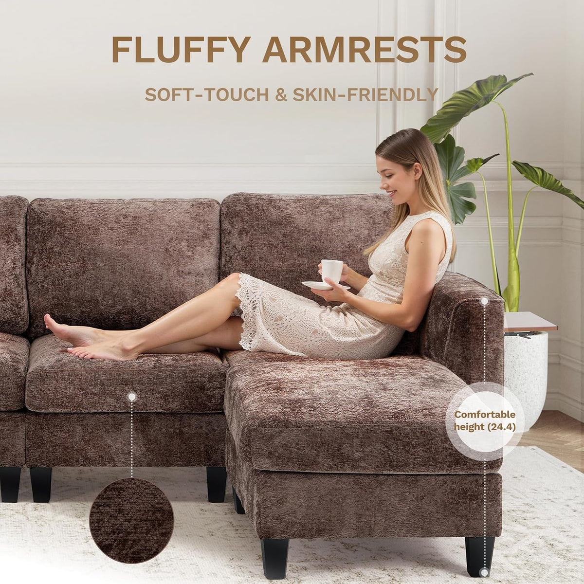 COLAMY 118" U-Shaped Sectional Couch, 4-Seat Modular Sofa with 2 Ottomans and Foldable Side Table, Brown for Living Room