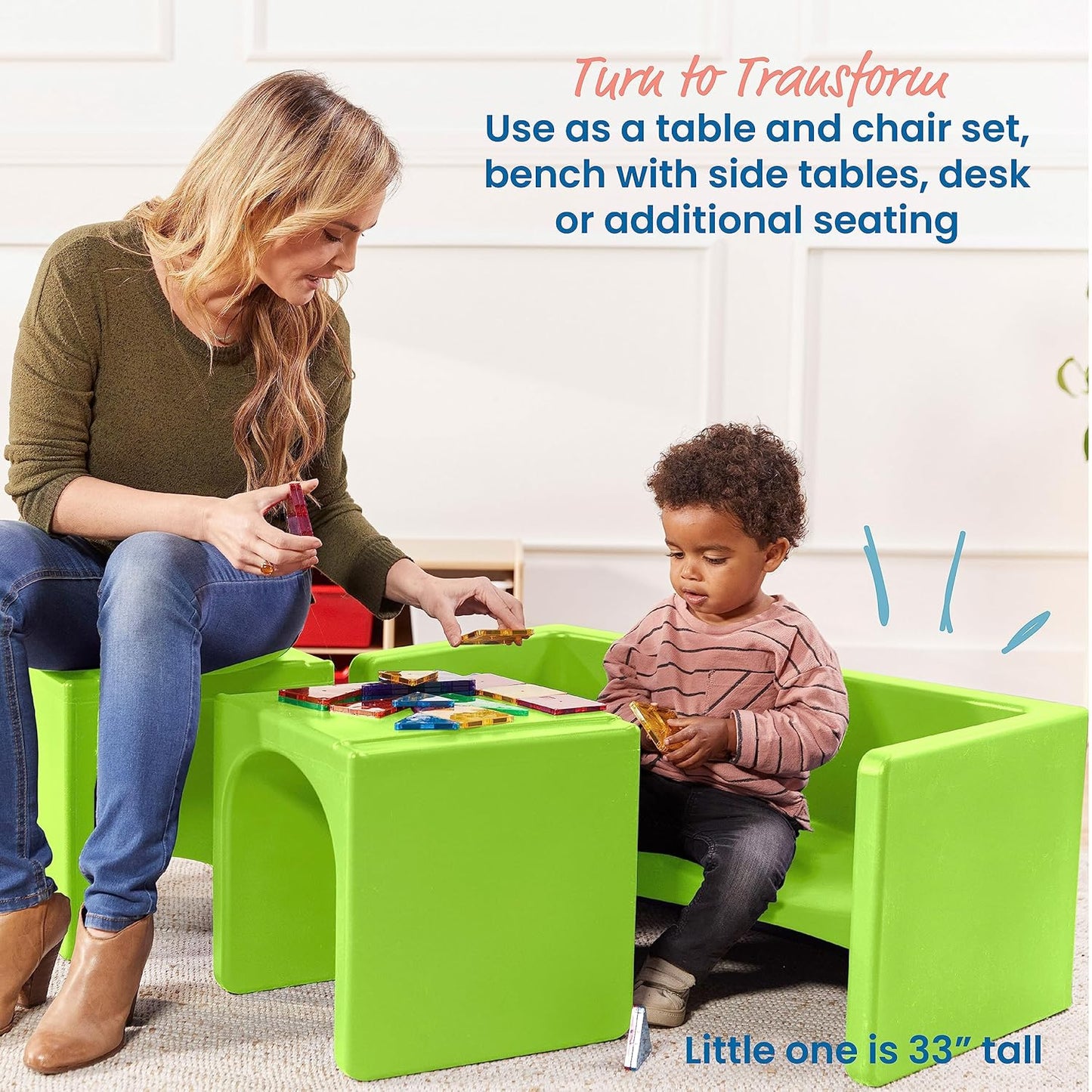 ECR4Kids Tri-Me Table and Cube Chair Set, Multipurpose Furniture, Lime Green, 3-Piece