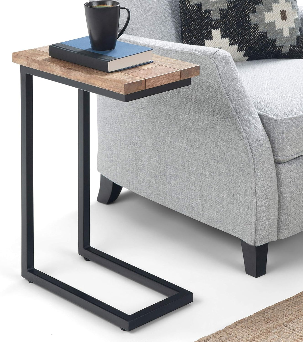SIMPLIHOME Skyler 18-inch Wide Solid Mango/Metal Industrial C-Shaped End Table in Natural/Charcoal for Living Room, Office, or Bedroom, Assembled