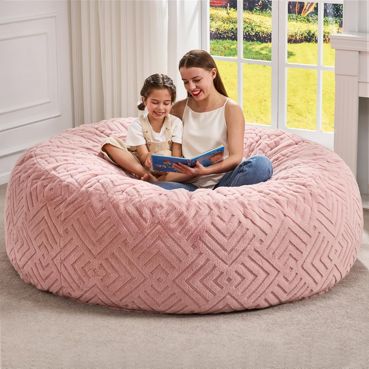 Hobestluk Bean Bag Chairs Adults Beanbag Chair with Filler Large Bean Bags with Fluffy Embossed Cover, Giant Bean Bag Chairs for Adults (Pink, 6FT - 70" x 70" x 15")