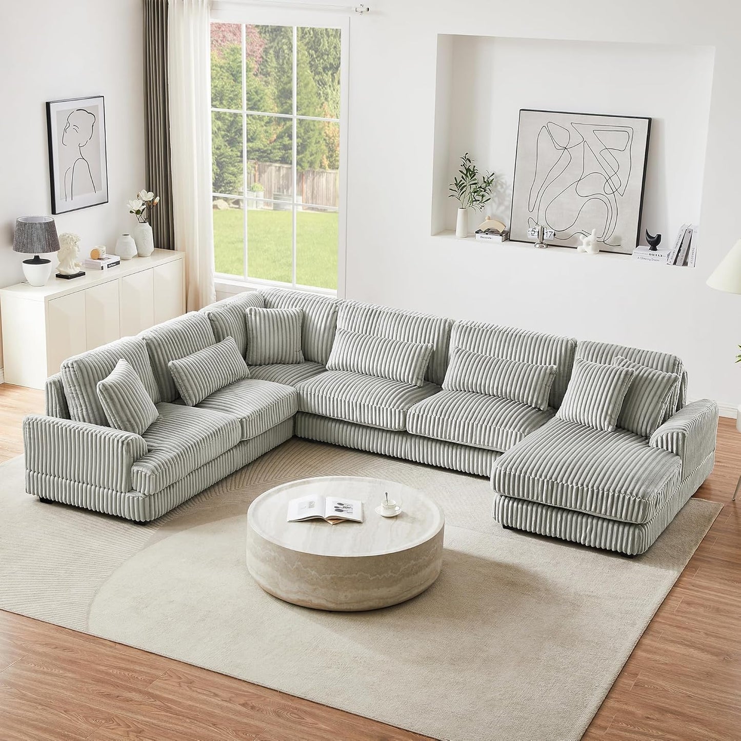 129" Oversized U Shaped Modular Sectional Sofa Couch for Living Room 7 Seater Plush Corduroy Upholstered Large Sofa Deep Seat Cloud Couch with Extra Wide Chaise Lounge and Detachable Thick Cushions