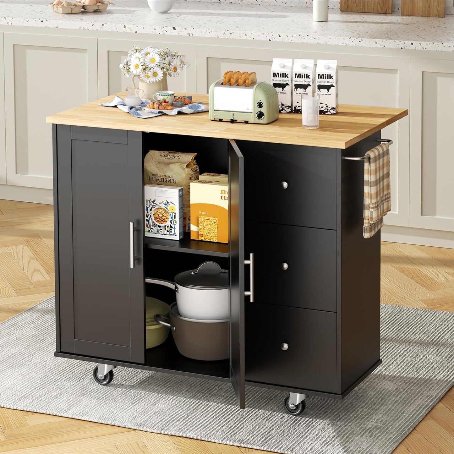 Shintenchi Kitchen Island with Folding Drop Leaf, Rolling Island Table with Storage, Kitchen Cabinet on Wheels with Seating Area for Kitchen, Bar Cart with Cabinet, Black
