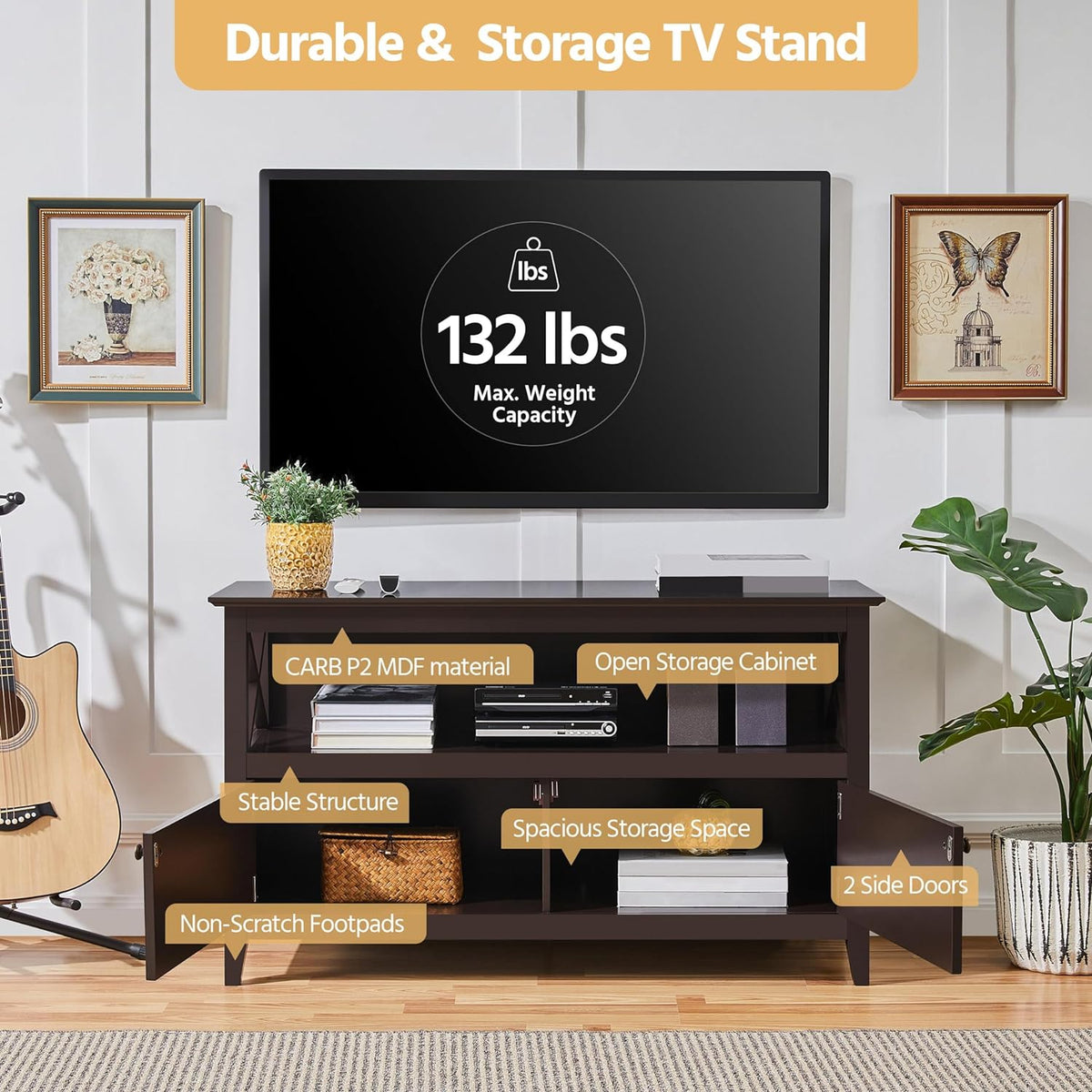 Yaheetech Wooden TV Stand for TVs Up to 48 inch, Media Entertainment Center Table, TV Cabinet Table with Storage Open Shelf & 2 Doors for Living Room, Espresso