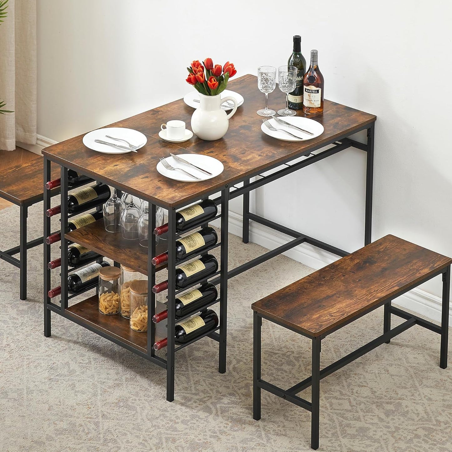 IDEALHOUSE Dining Table Set for 4, Kitchen Table Set for 4 with 2 Benches, Rectangular Dining Room Table Set with Wine Rack, 3 Piece Dining Table Set for Small Space Apartment, Rustic Brown